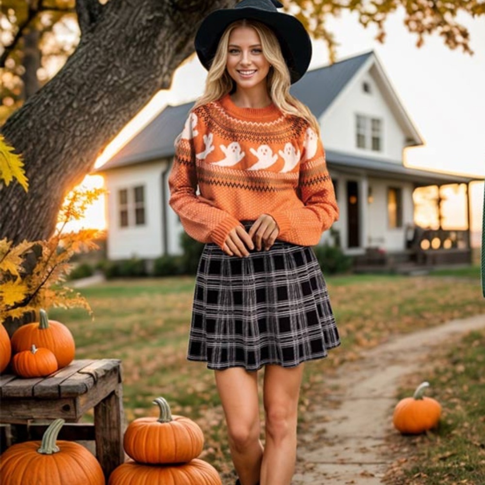 Retro Fair Isle Ghost Print Sweater Halloween - Picture 2 of 16